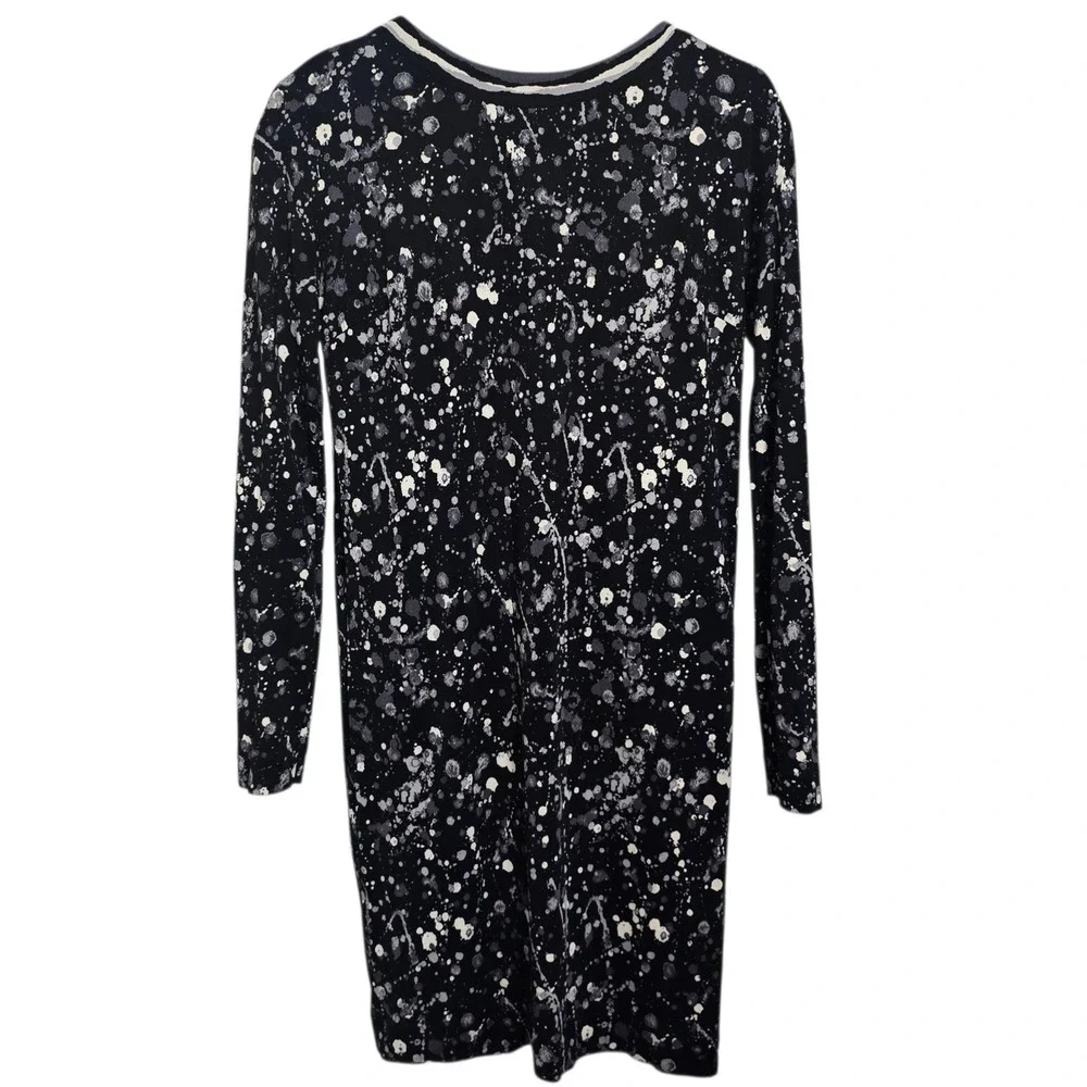 Tory Burch Silk Splatter Print Dress Womens XS Black Gray Long Sleeve Shift Mini